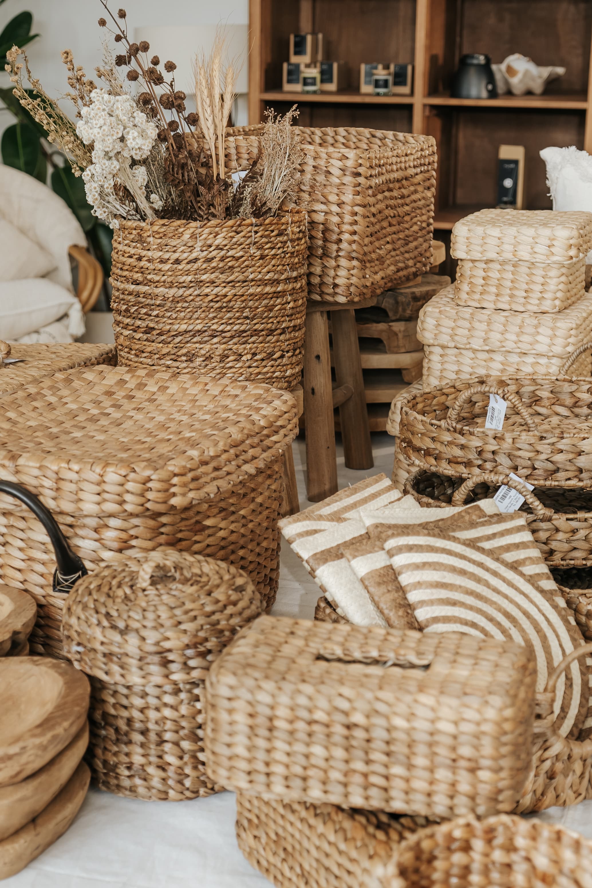 Handwoven rattan basket and chair in warm light
