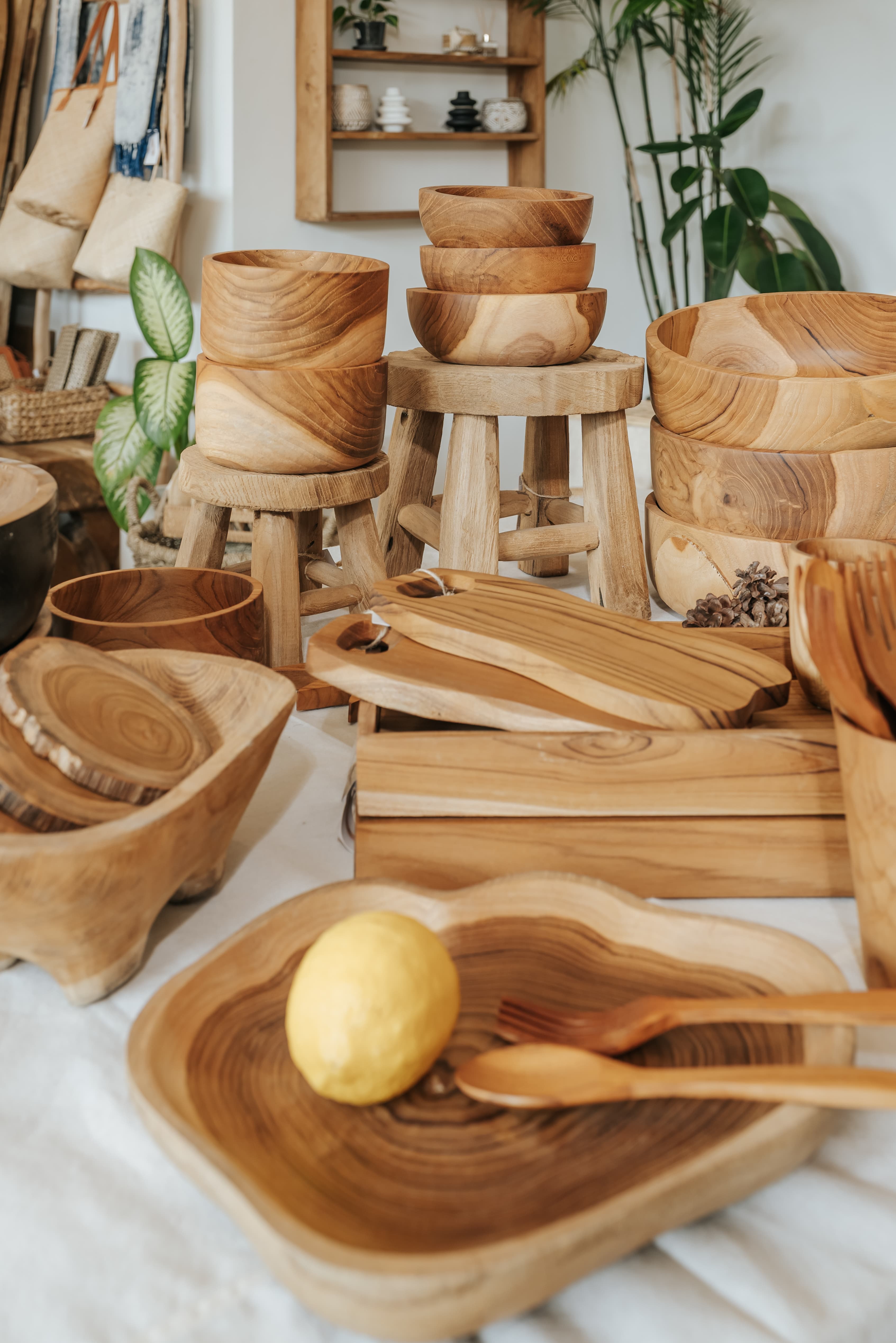 Natural carved wooden bowls and decor pieces